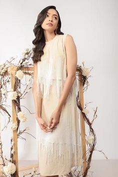 Shop for Nayantara Couture Off White Viscose Crepe Edna Embroidered Dress for Women Online at Aza Fashions White Festive Dresses With Tassels, Festive White Dresses With Tassels, Festive White Dress With Tassels, Fringe Embroidery, Off White Dresses, High Neck Sleeveless, Pattern Embroidery, Green Outfit, Beaded Fringe