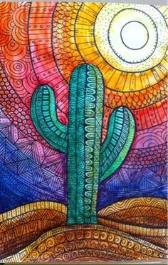 a drawing of a cactus with the sun in the background