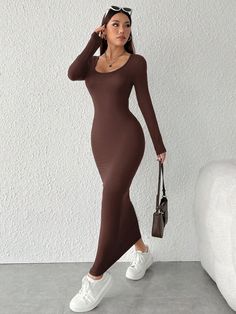 Women's Solid Color Crew Neck Long Sleeve Maxi Elegant Bodycon Dress, Autumn Brown Casual  Long Sleeve Knitted Fabric Plain Bodycon High Stretch Spring Women Clothing, size features are:Bust: ,Length: ,Sleeve Length: Body Con Long Sleeve Dress, Elegant Bodycon Dress, Sweater Maxi Dress, Hair Accessories Boho, Color Crew, Dress Autumn, Long Bodycon Dress, Spring Women, Women's Shapewear