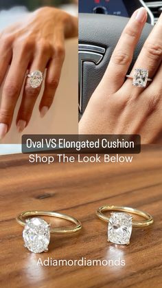 two engagement rings with the words oval vs elongated cushion shop the look below and above them