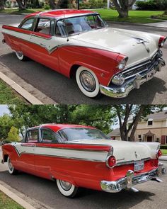 an old red and white car parked on the street