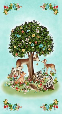 a painting of animals under a tree with flowers and butterflies on the bottom half of it