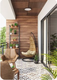 a chair and some plants on a balcony with wooden slatted walls above it