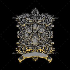 an ornate emblem with a ribbon on a black background - decorative objects objects / objects