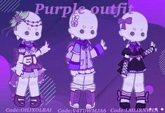 three cartoon characters are standing in front of a purple background with the words purple outfit on it