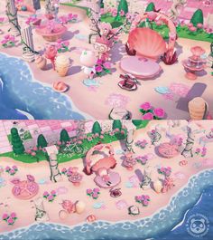 an animated beach scene with pink flowers and umbrellas