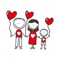 a family with two children holding hands and heart balloons in the shape of hearts on a white background