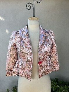 Fitted Floral Print Blazer For Party, Formal Fitted Outerwear With Floral Print, Fitted Silk Blazer With Floral Print, Fitted Pink Floral Print Outerwear, Vintage Fitted Floral Print Blazer, Fitted Vintage Floral Print Blazer, Fitted Vintage Blazer With Floral Print, Brocade Jacket, Peplum Jacket