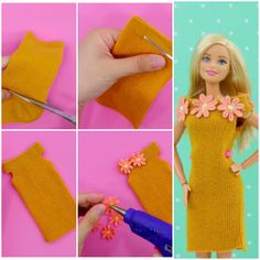 the doll is wearing a yellow knitted dress with flowers on her shoulders and holding a pair of scissors