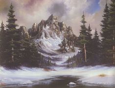 a painting of a snowy mountain with pine trees in the foreground and snow on the ground