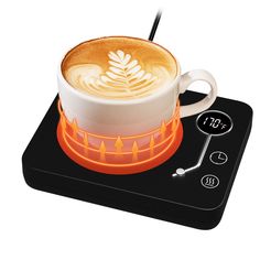 a cup of coffee sitting on top of a digital scale