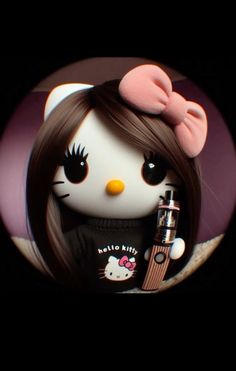 a hello kitty doll with a bottle in her hand and a pink bow on her head