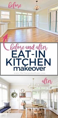 the before and after photos of a kitchen makeover with white cabinets, wood floors, and an open floor plan