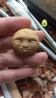 a hand holding a small stone with a face on it