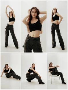 the woman is posing in all black clothing and jeans for her photoshoot with white background