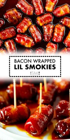 bacon wrapped lil smokies on skewers are ready to be eaten