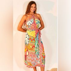 Tropical Flavor! Beautiful Wrap Dress. Since Xl Multicolor Floral Print Midi Beach Dress, Colorful Floral Print Midi Dress For Beach, Tropical Multicolor Midi Dress With Vibrant Print, Multicolor Floral Print Midi Dress For Beach, Sleeveless Multicolor Tropical Print Midi Dress, Sleeveless Multicolor Midi Dress With Tropical Print, Patterned Midi Dress With Vibrant Print For Vacation, Tropical Multicolor Midi Dress For The Beach, Tropical Multicolor Midi-length Maxi Dress