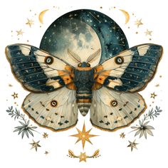 a painting of a butterfly with stars around it