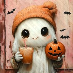 a painting of a white cat holding a pumpkin and a drink in it's hand