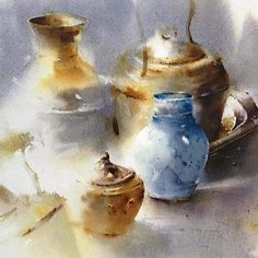 an oil painting of three vases sitting on a table with other items around them