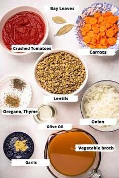 the ingredients to make this soup are shown in bowls