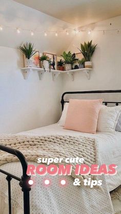 a bedroom with white walls and black metal bedspread, potted plants on shelves above the bed