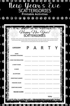 the new year's eve scatterergorries party game is shown in black and white