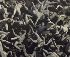 the painting is black and white with many nude men