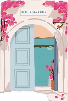 an open door with pink flowers on the outside and water in the backround