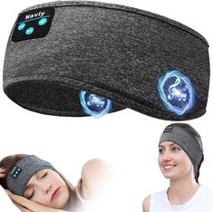 an image of a woman wearing a headband with blue lights on it and another photo of her