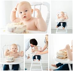 a baby sitting in a highchair eating cake and playing with it's hands