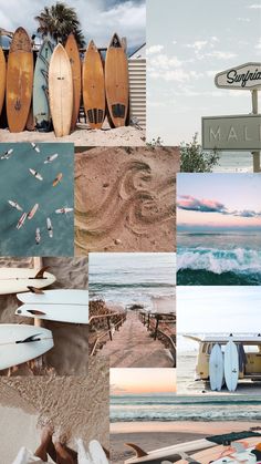 a collage of photos with surfboards on the beach