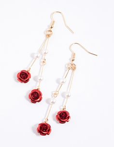 Complete your look with a pair of standout earrings! Explore our collection of Lovisa earrings, from hoops and huggies to a pair of statement earrings in a range of colours. Weight: 5.3g | Lovisa Red Stick Pearl & Rose Drop Earrings