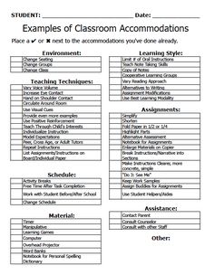 an example of classroom accommodations for students to use on their own worksheet,