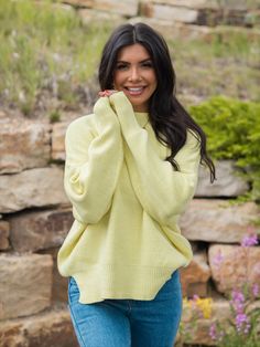 Yellow Oversized Sweater
Fabric has stretch 
Crew neck, long sleeves 
Pair this sweater with jeans and sneakers!
Unlined
Size small from shoulder to hem: 24" Sweater With Jeans, Wedding Guest Style, Sweater Fabric, Great Escape, Casual Chic Outfit, Chic Outfit, Short Leggings, Oversized Sweater, Sweatshirt Dress