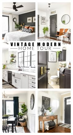 a collage of photos with the words vintage modern home tour in black and white