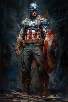 captain america is standing in the dark with his arms crossed, and holding a shield