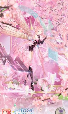 an anime character with pink hair and wings in front of a tree filled with flowers