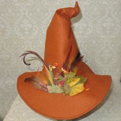 Autumn Witch Hat- Copper Wool Felt Hat with Bow or Leaves, Moss, Pinecones, and Feathers Vintage Hufflepuff, 60s Witch, Garden Witch, Hat Decor, Hogwarts Outfits, Hat Tip, Autumn Witch, Harry Potter Illustrations, Hat With Bow