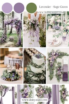 purple and green wedding color scheme with greenery, lavenders, and white flowers