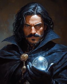 a painting of a man holding a crystal ball in one hand and wearing a cape