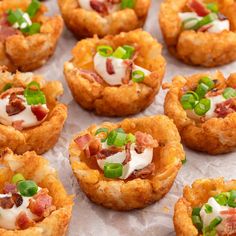 small appetizers with bacon, cheese and green onions arranged on top of parchment paper