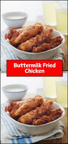 two pictures of fried chicken in white bowls on a blue and white table cloth next to a glass of milk