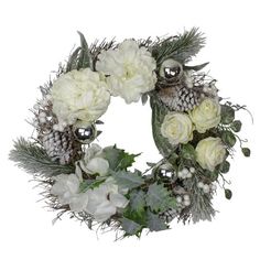 a wreath with white flowers and pine cones