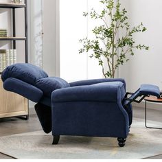 a living room with a blue recliner and bookshelf