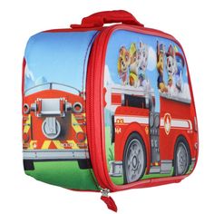 The Paw Patrol Fire Truck Lunch Bag is the great accessory for young fans of the popular animated series. This eye-catching lunch tote features a vibrant and detailed design of a fire truck, with beloved characters Skye, Rubble, Everest, Chase, and Marshall riding atop it, ready for their next rescue mission. The dynamic fire engine design extends seamlessly to the lunch bag's front and back, creating a fun and immersive experience for children. The full zip-around closure ensures easy access, w Novelty Red Travel Bag, Themed Red Travel Bag, Red Character Bag For School, Themed Red School Bag, Engine Design, Bento Box Kids, Lunch Box Bag, Awesome Designs, Lunch Tote