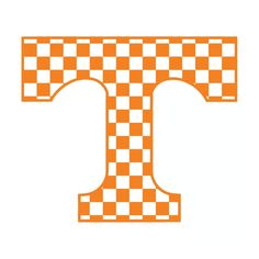 an orange and white checkered letter t