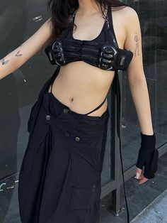 Material: Polyester(95%) spandex(5%).Clothing details: Irregular Drawstring.SIZE GUIDE Fitted Black Cyberpunk Bottoms, Black Cyberpunk Fitted Bottoms, Long Cargo Pants, Women Overalls, Cargo Pants With Pockets, Style Wide Leg Pants, Hip Hop Women, Street Shooting, Street Fits