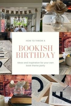 a bookish birthday party with books, candles and flowers on the table in front of it