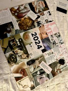 a collage of photos and papers on a bed